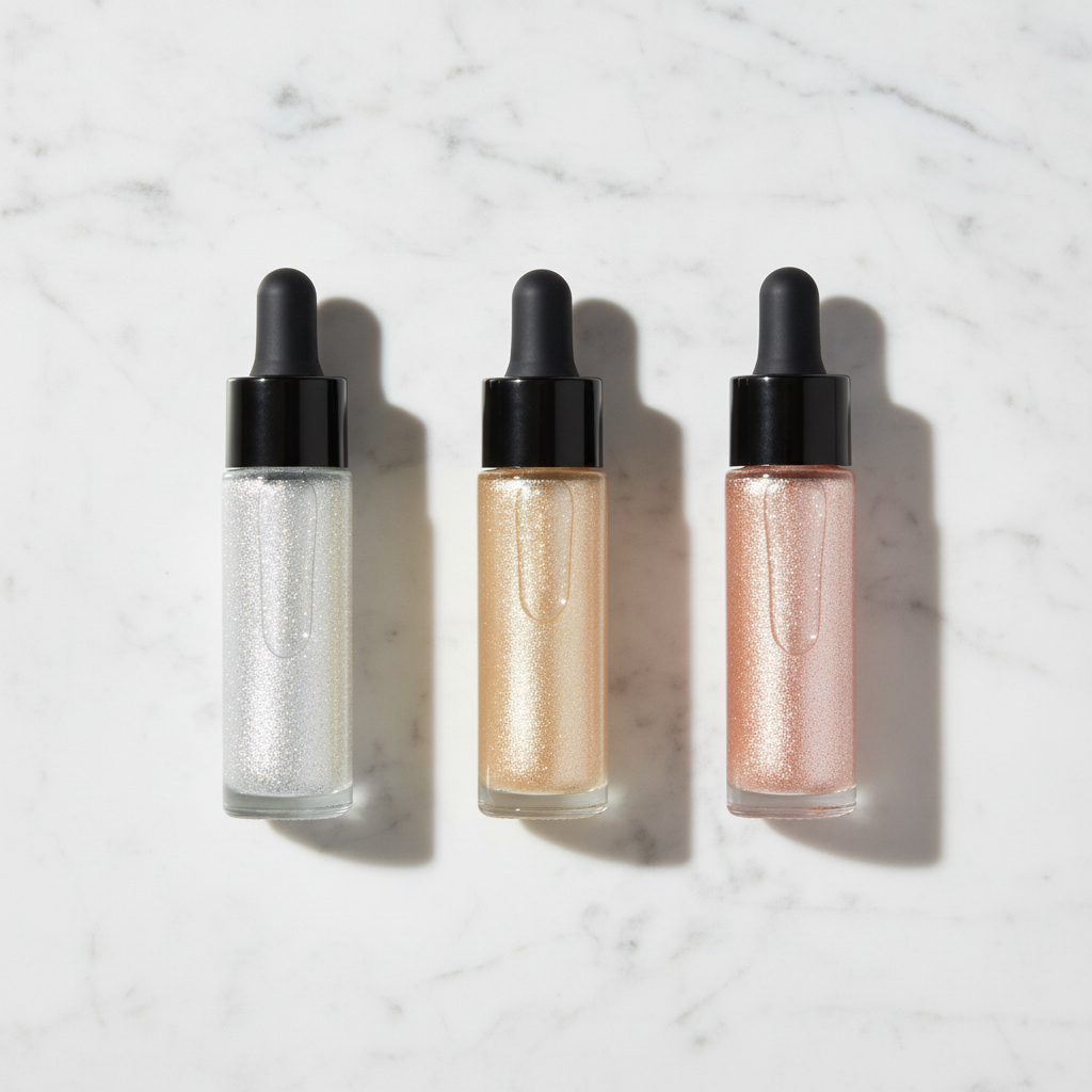 Three clear glass dropper bottles with silver white, champagne gold and rose gold glitter highlighter on marble surface