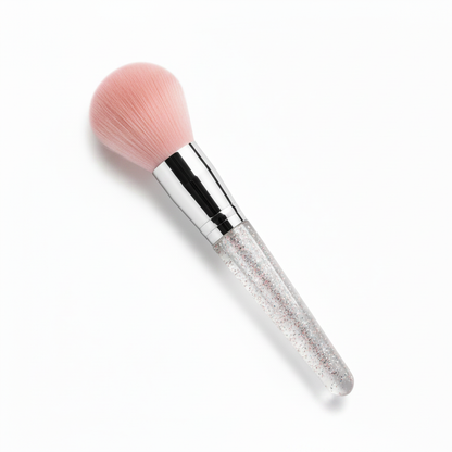 Dome powder brush with rose pink bristles and transparent silver glitter acrylic handle