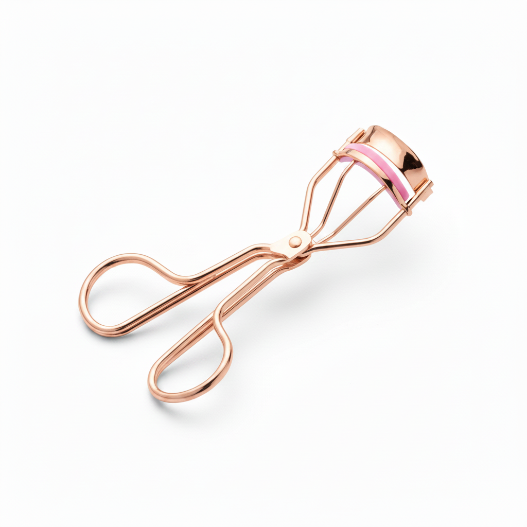 Rose gold metallic eyelash curler with pink silicone pad and double loop handles